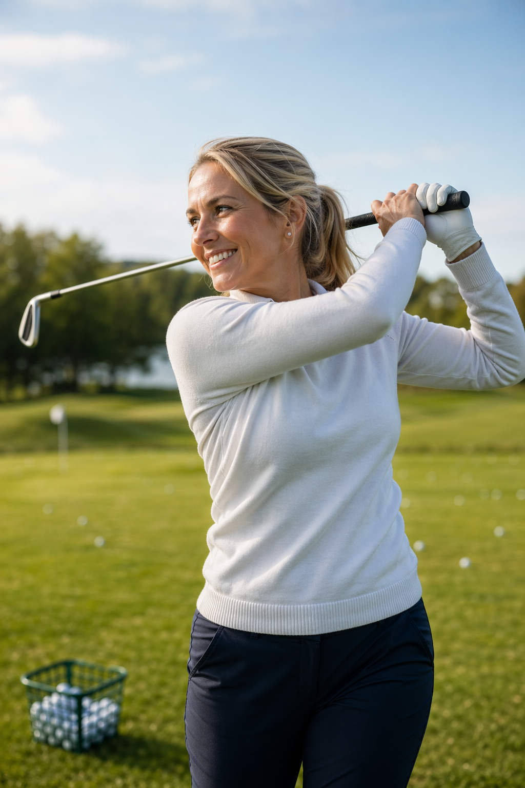 Kvinde træner sit golfsving på driving range.